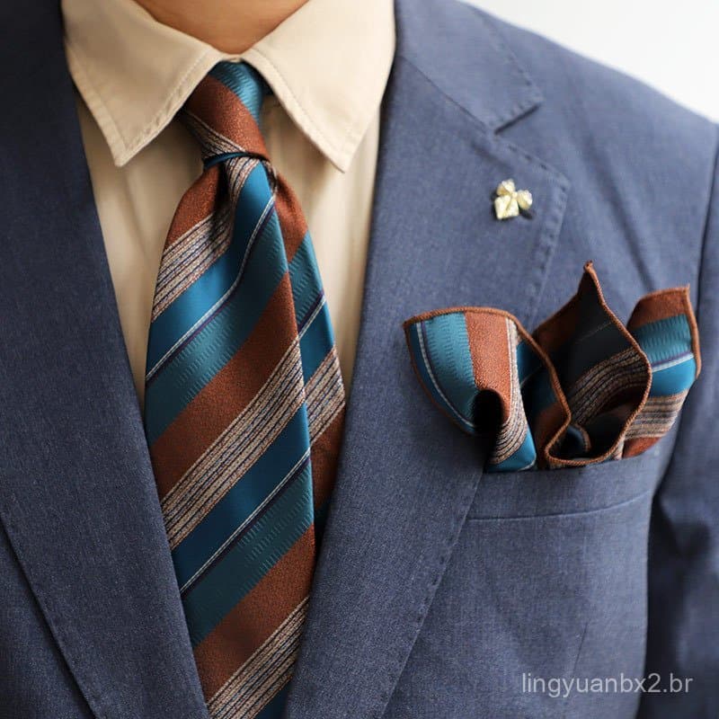 [Venda Quente] Conjunto de Gravata e Lenço de Bolso Estilo Britânico com Listras em Cores Contrastantes Retrô para Homen