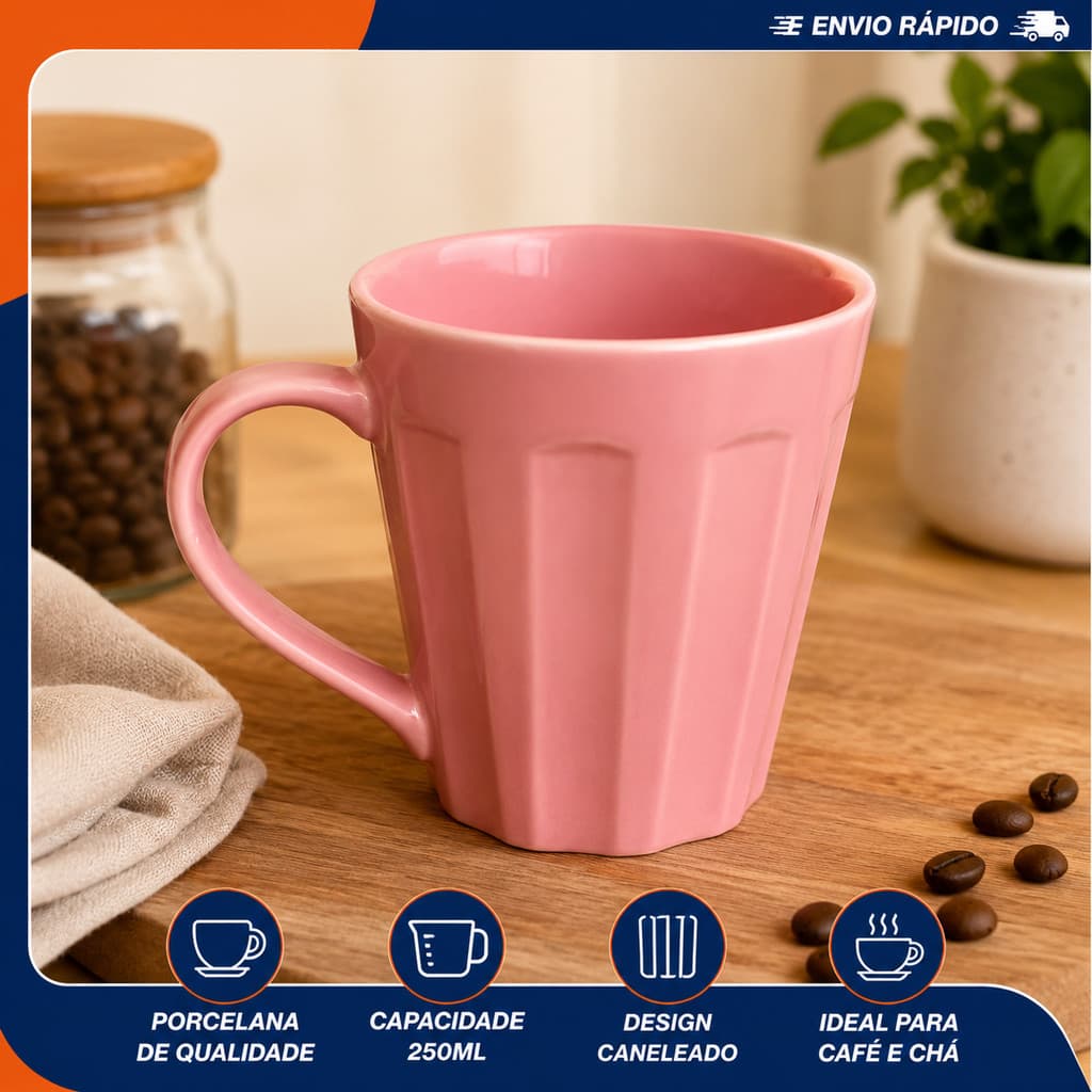 Xícara Elegante Porcelana Rosa Canelada 250ml