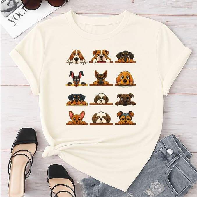 Camiseta Camisa Blusa T-shirt Feminina 100%Algodão Cachorros Fofo Delicada Variedades