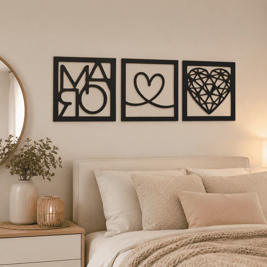 Kit 3 Quadros Decorativos Mãe Coração MDF Preto Parede Sala Quarto Presente Dia Das Mães Decoração Elegante