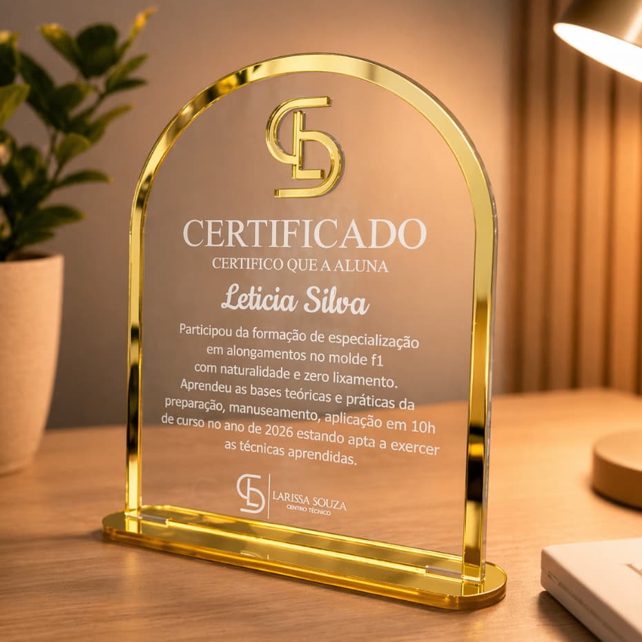 Certificado Acrílico Personalizado com Logo para Cursos Nail Designer Lash Estética Cabeleireira