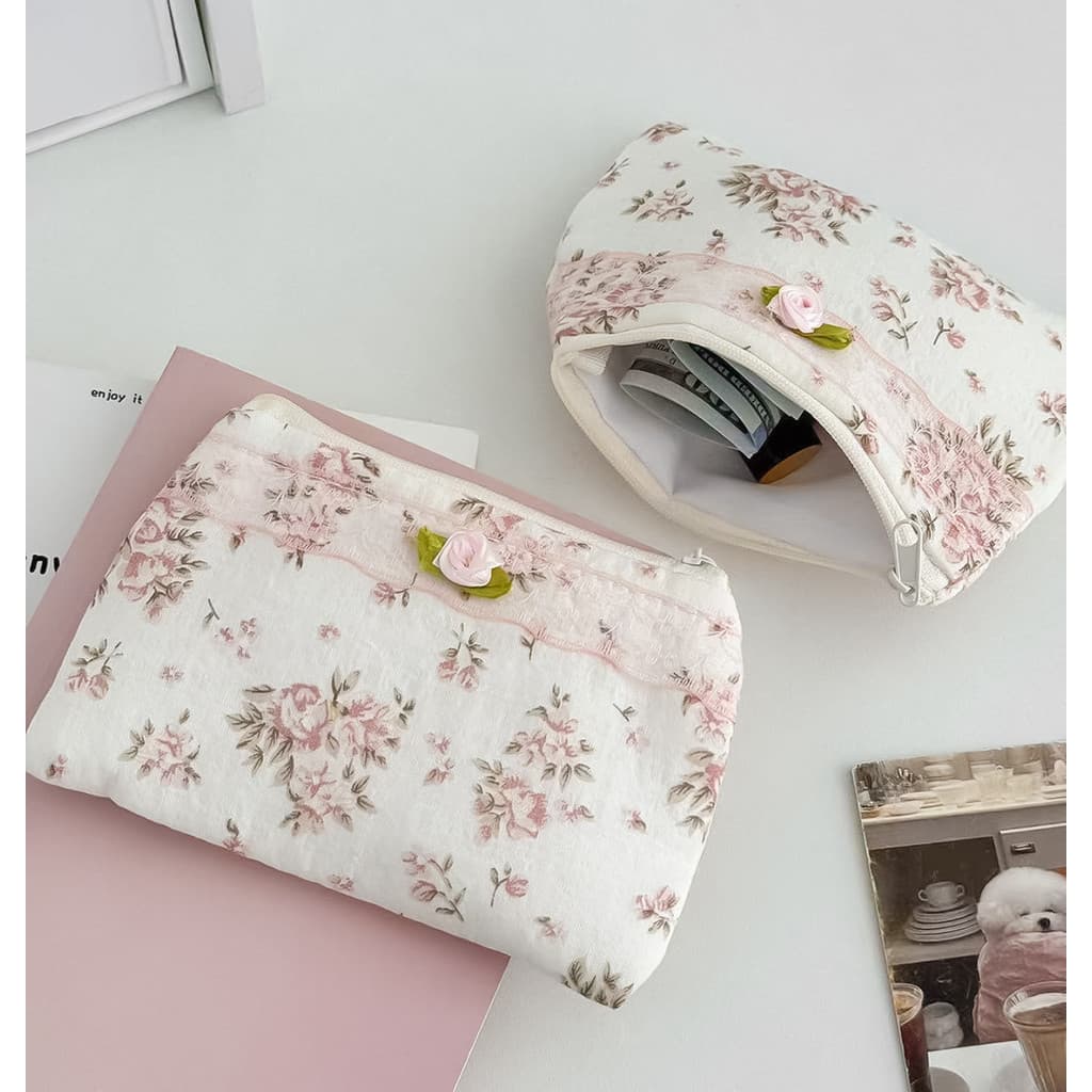 Bolsa de armazenamento Floral de renda com zíper pequena bolsa de moedas cosméticos viagem produtos de higiene pessoal b