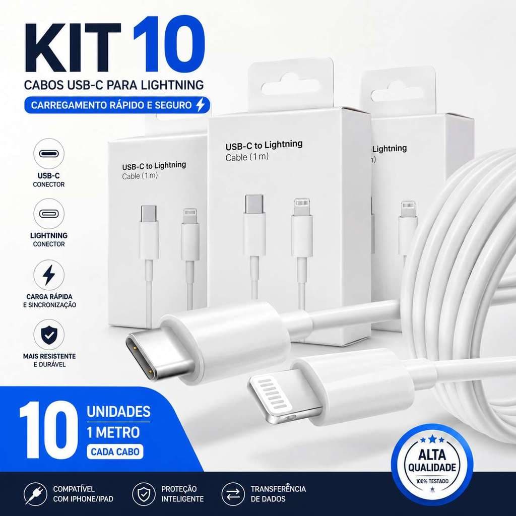 Kit 5/10 Cabo  Carregador Turbo  Celular  Tipo  C  Lightning  Fonte  Carregador  Carregamento  Turbo