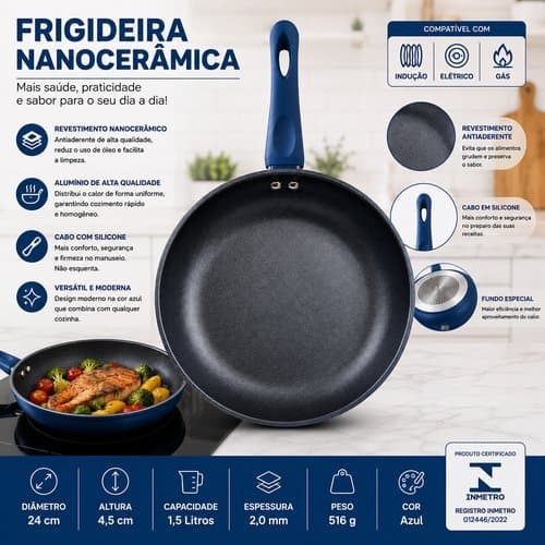 Frigideira Antiaderente Nanoceramico 24cm Revestimento Duravel Alta Performance Azul