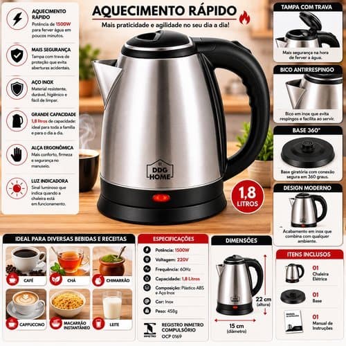 Chaleira Eletrica 1500w Capacidade 1,8 Litros Inox Rápida Eficiente Design Moderno