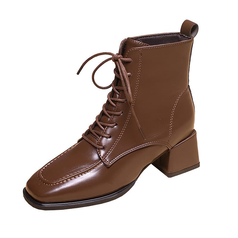 Outono doce legal de salto alto marrom pequenas botas curtas femininas primavera outono botas únicas 2023 novo estilo ve