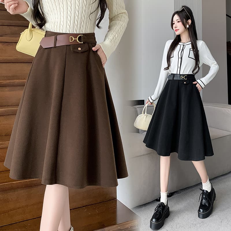Hepburn saia guarda-chuva cor café saia de lã feminina saia de comprimento médio até o joelho saia elegante evasê alta