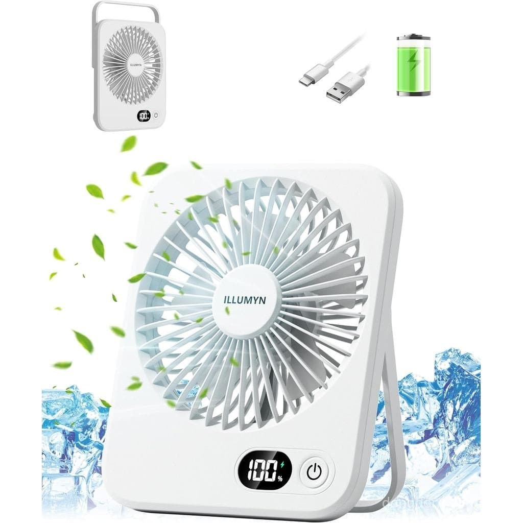 Ventilador de Mesa Recarregável Portátil USB - Ultra Silencioso, 5 Velocidades, Dobrável 180° °   Inclinação com Display