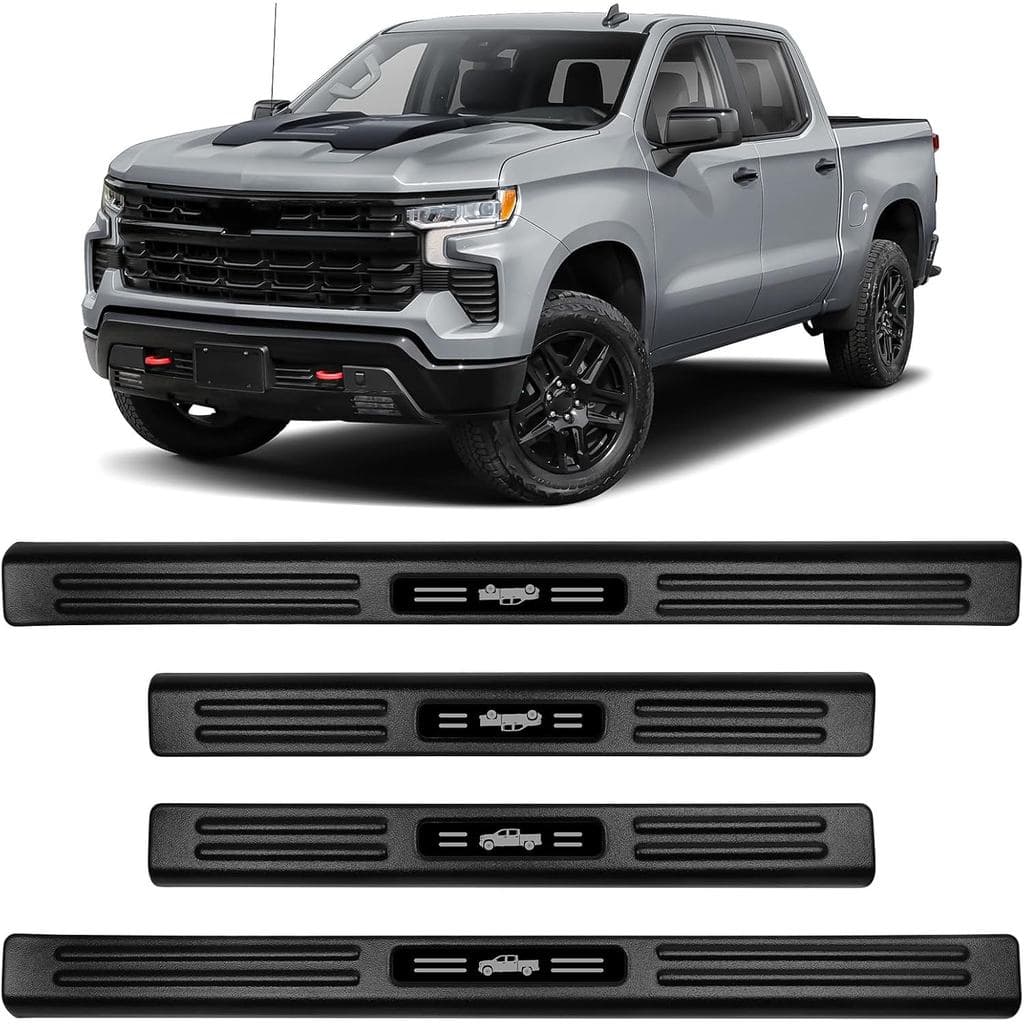 Upgraded Car Logo Door Sill Guards Protector for Chevy Silverado GMC Sierra 1500 2019-2026 Front and Rear ABS Door Sill