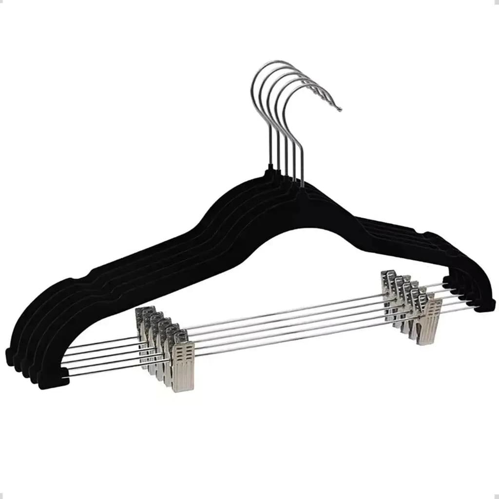 Kit 05 Cabides Slim Veludo Preto Com Presilha Grampo Metal