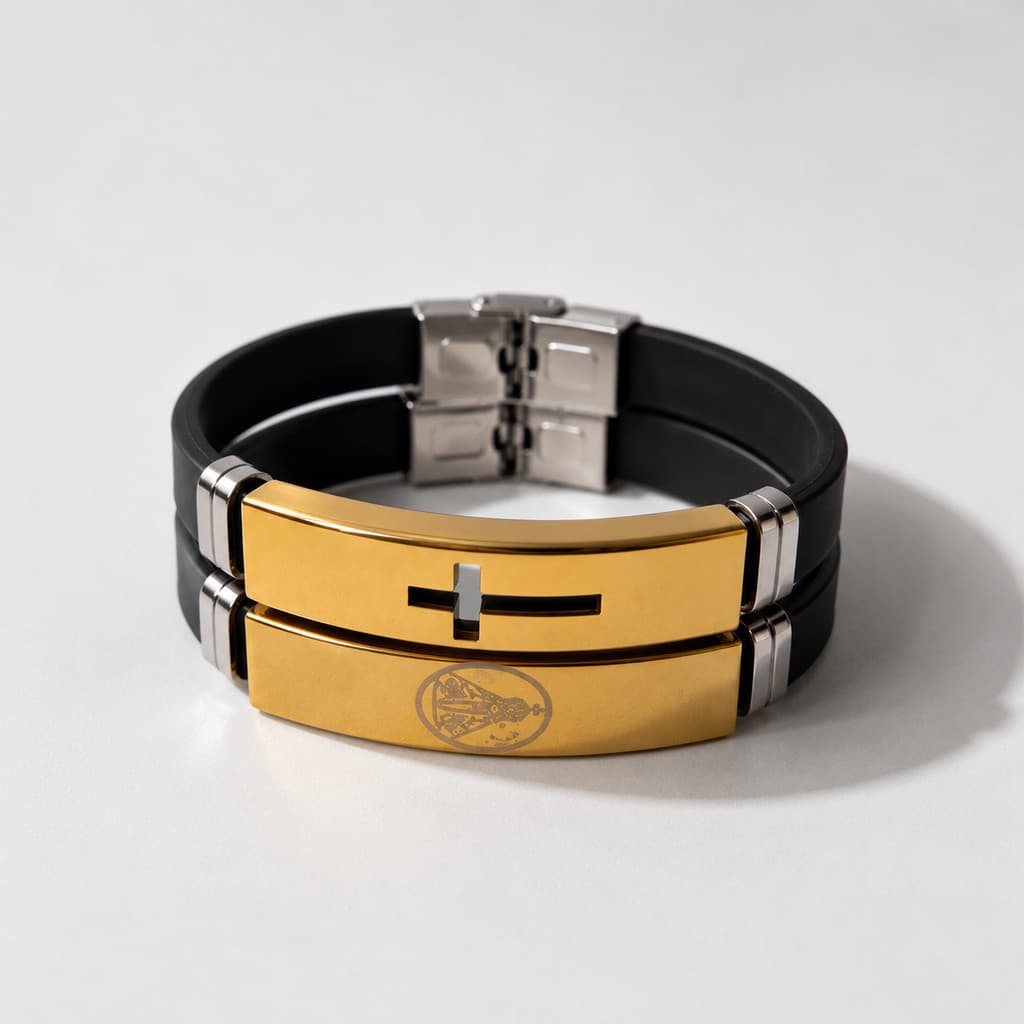 Pulseira Masculina Silicone e Aço Inoxidável 22cm com Placa Dourada Design Moderno Presente para Pai