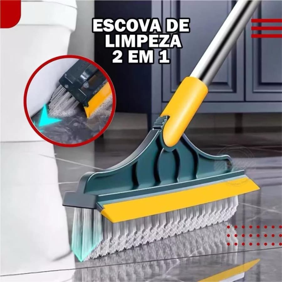 Escova 2 em 1 Vassoura e Rodo, Escova Rígida de Limpeza com Raspador e Limpa Vidros com Rotação