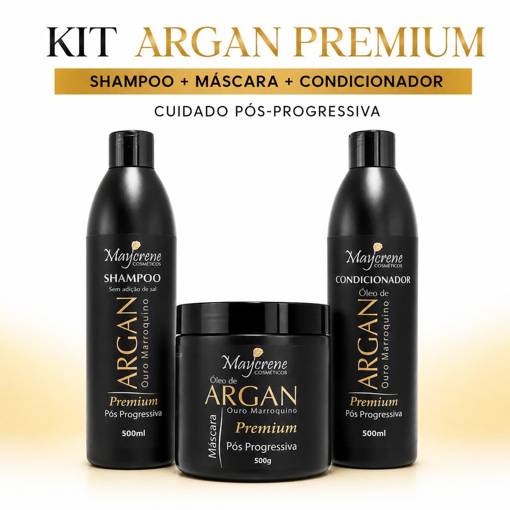 Kit Maycrene Argan Premium Pós-Progressiva, Shampoo e Condicionador 500ml + Máscara 500g