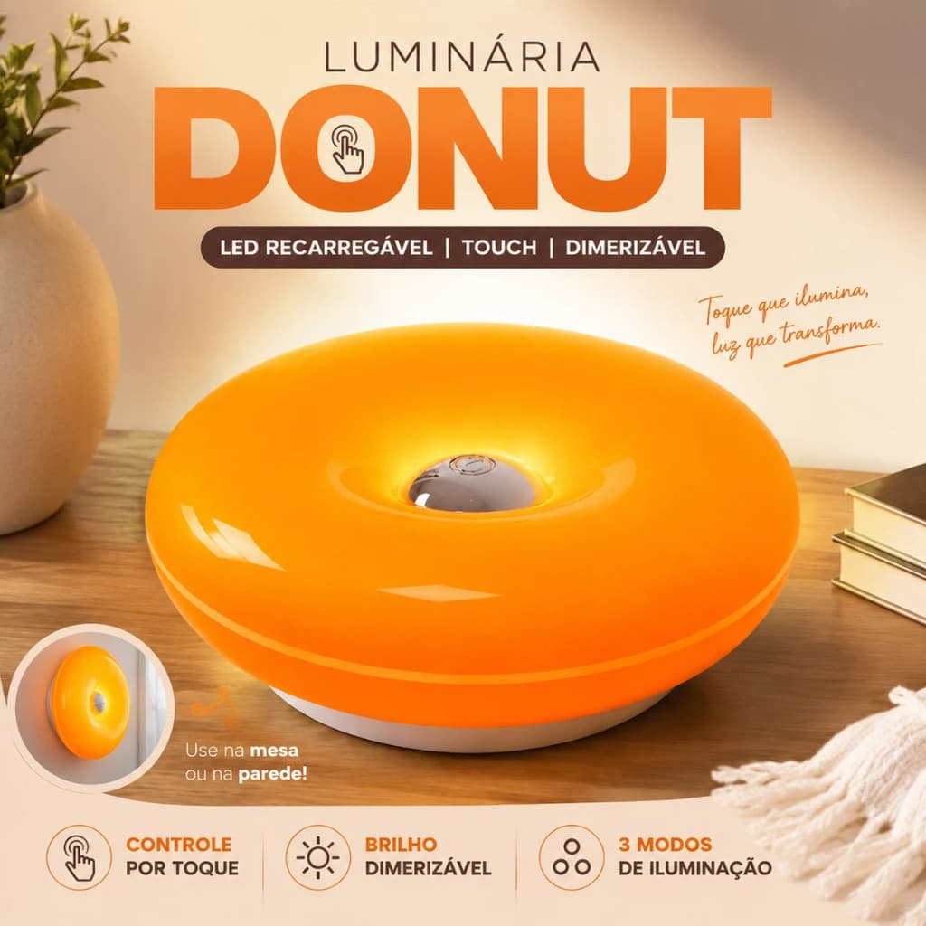 Luminária Donut LED Recarregável Touch Dimerizável Retrô para Mesa e Cabeceira