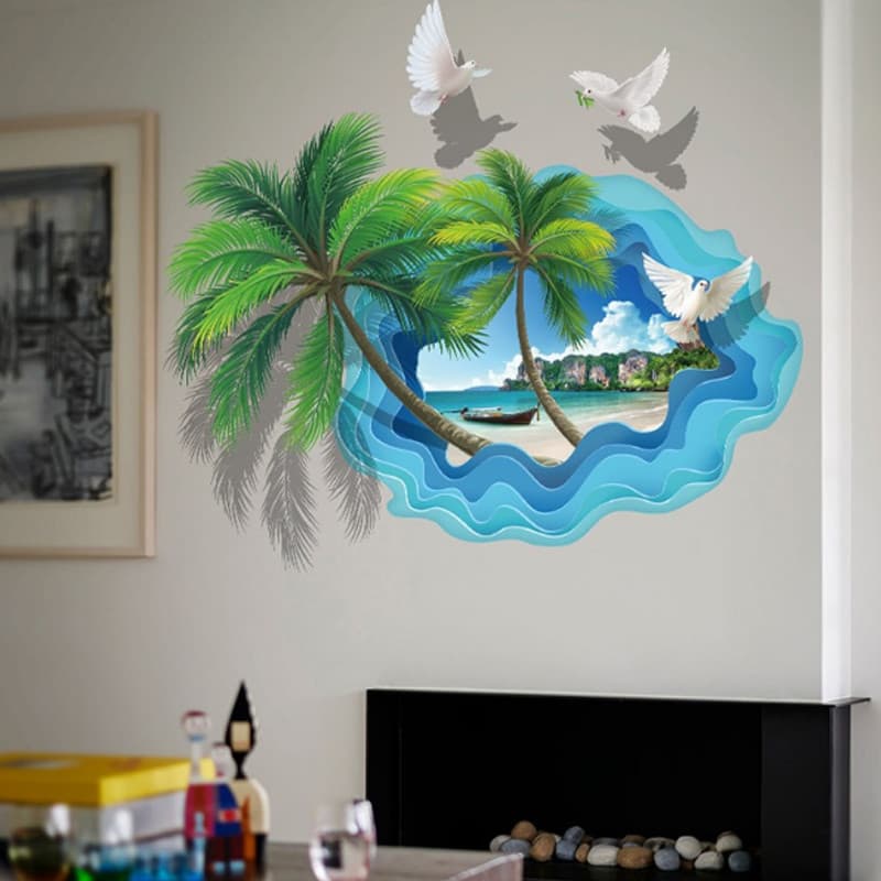3D tridimensional adesivos de parede quarto cabeceira coco praia cartaz adesivos decoração da parede papel de parede aut