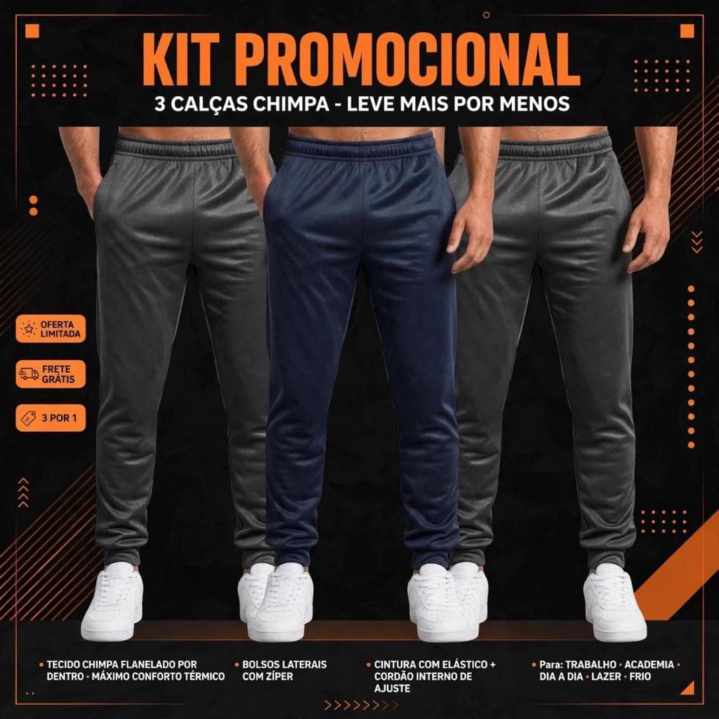Kit 3 Calças Jogger Chimpa Adulto Conforto e Estilo Somo Fabricantes