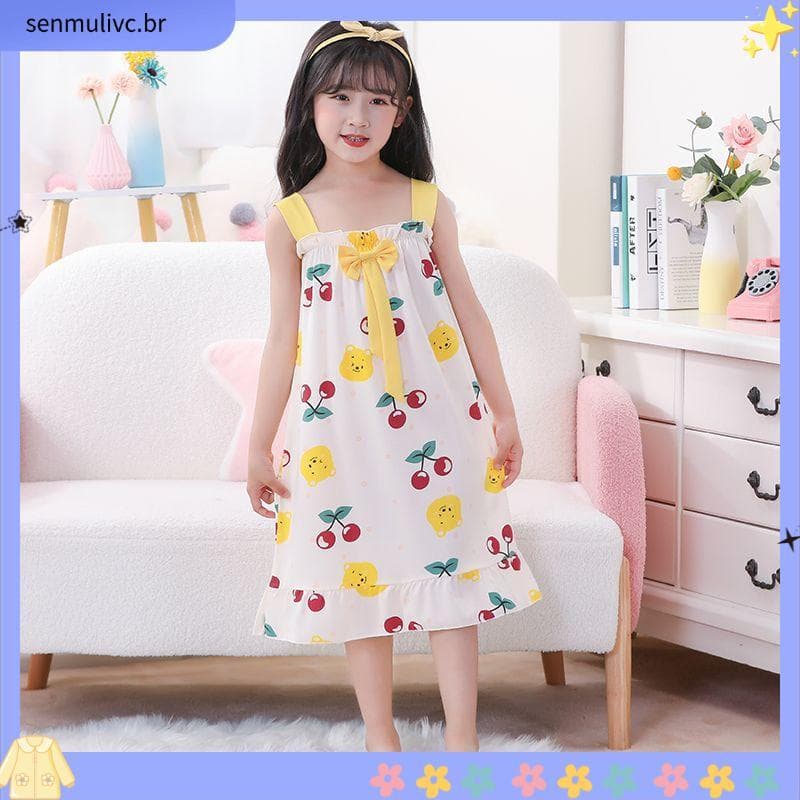 Verão meninas estilingue camisola fina bonito vestido de princesa doce dos desenhos animados meninas médio grande crianç