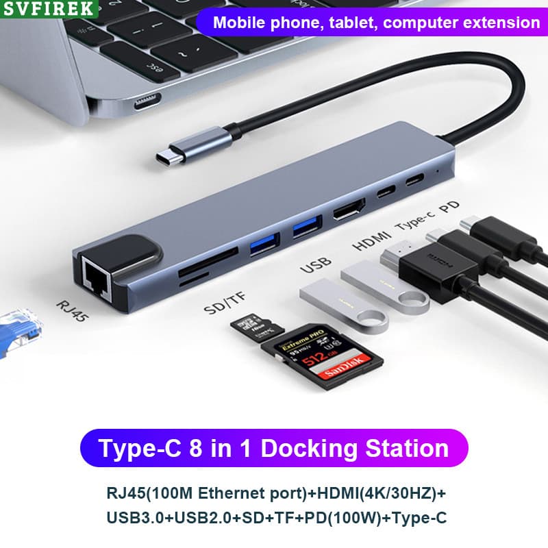 8 Em 1 Liga De Alumínio Tipo-C Docking Station 4K HDMI 100W PD Carregamento Portas USB RJ45 SD TF Leitor De Cartão Multi