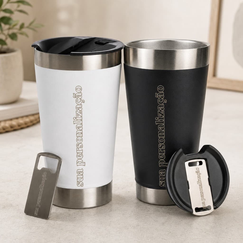 Copo Termico Tampa Com Abridor Nome Personalizado Gravação a Laser 473Ml