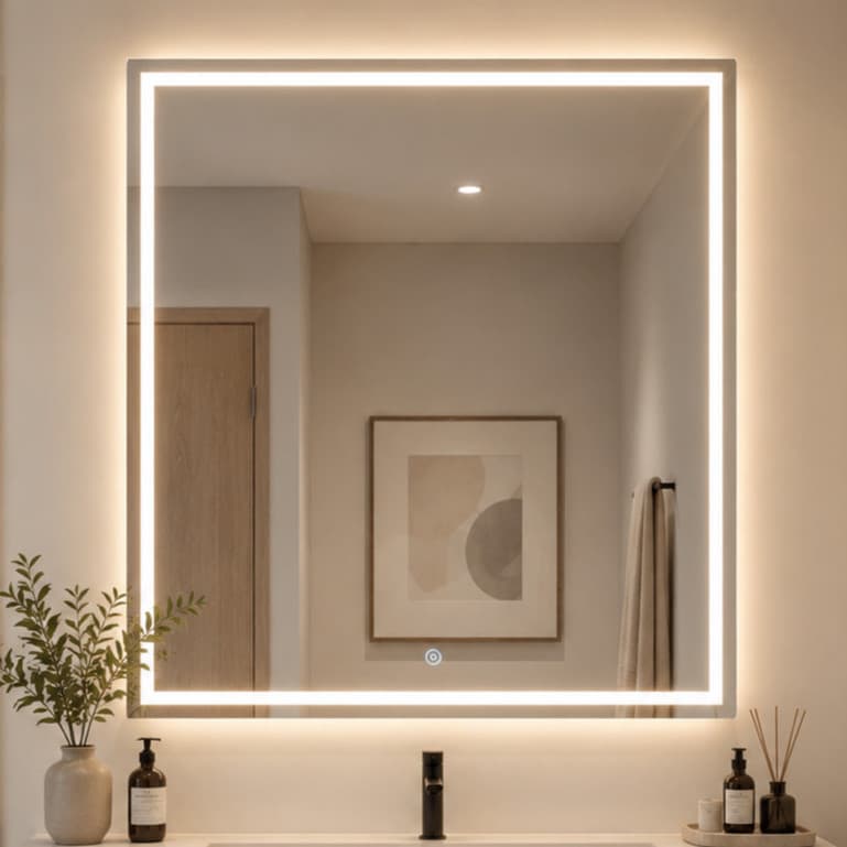 Espelho com botão Touch Quadrado 40cm Jateado Fino LED 3 Cores Banheiro Lavabo Quarto Entrega Rapida Luxo