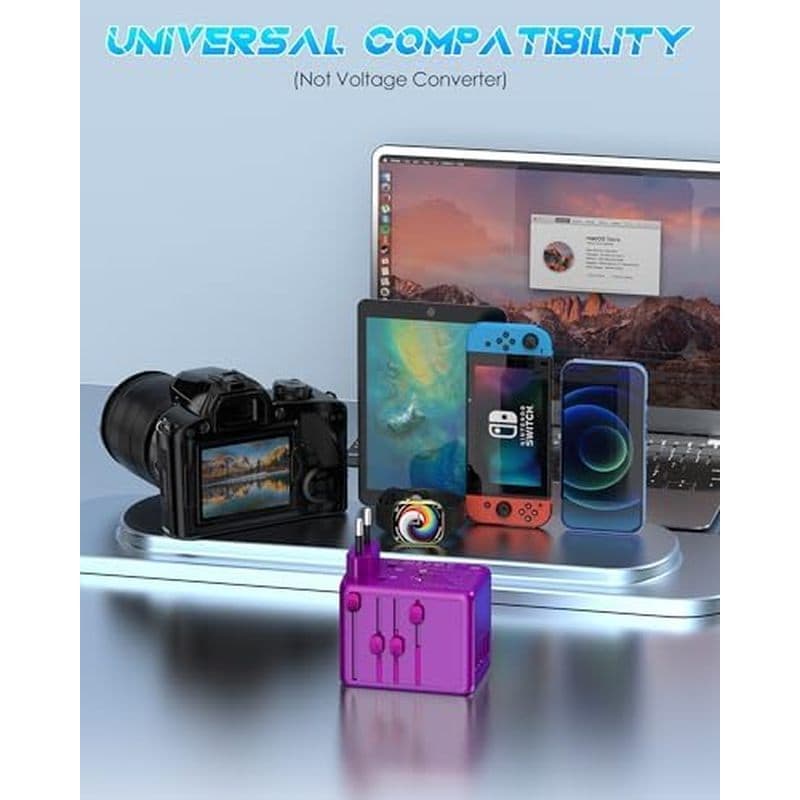 Adaptador de viagem Universal, carregamento rápido de 30 W, adequado para Europa, Reino Unido, EUA, roxo | 3 portas USB-