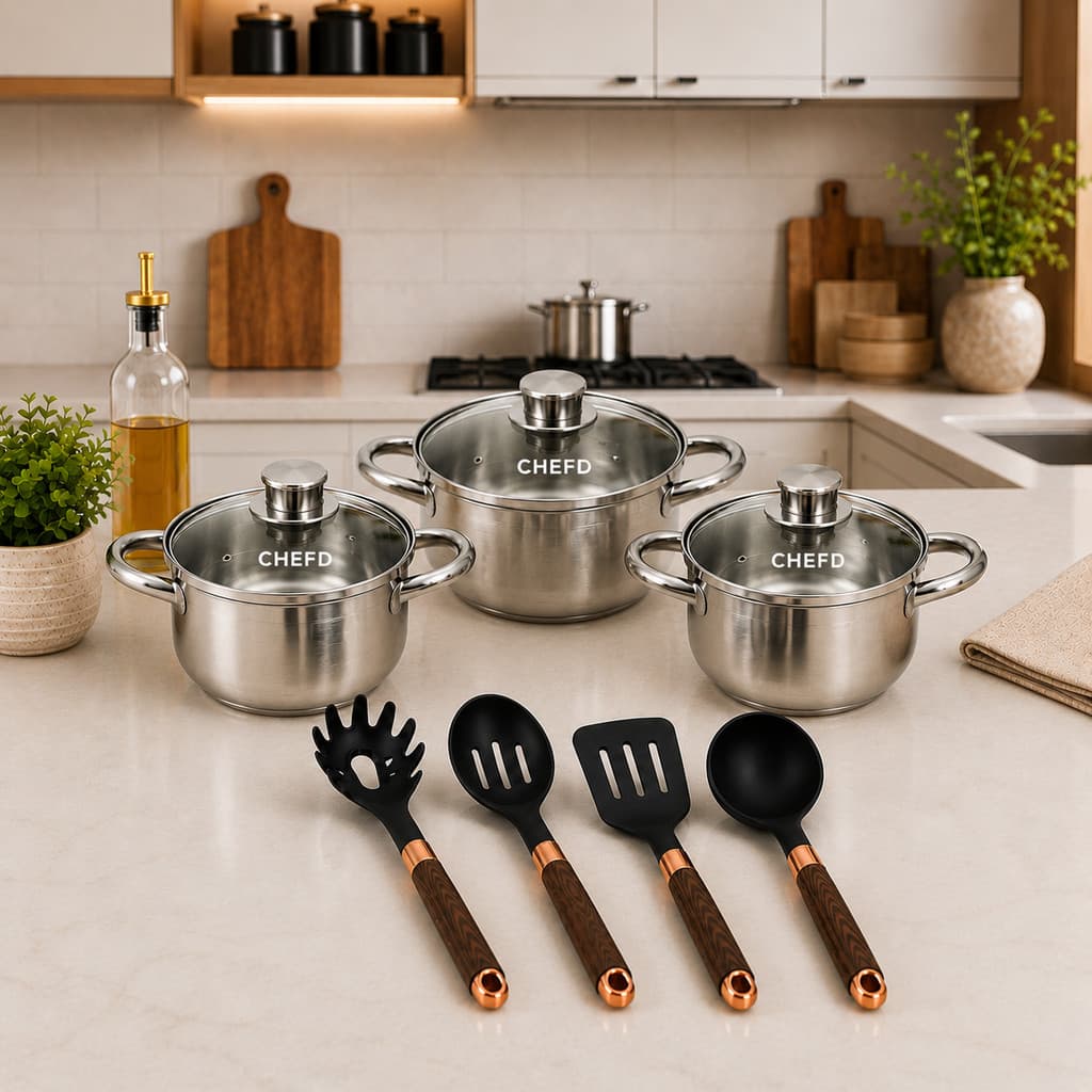 Jogo de Panelas Inox 3 Peças Tampa Vidro Indução Utensílios Silicone Cozinha Completo