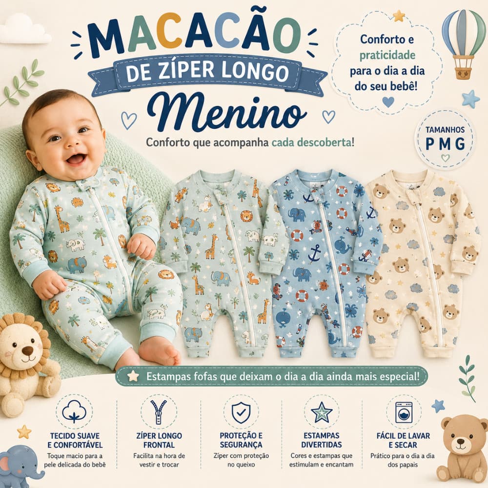 Kit 2 ou 3 Macacão Bebê Menino de Suedine Com Zíper Antialérgico