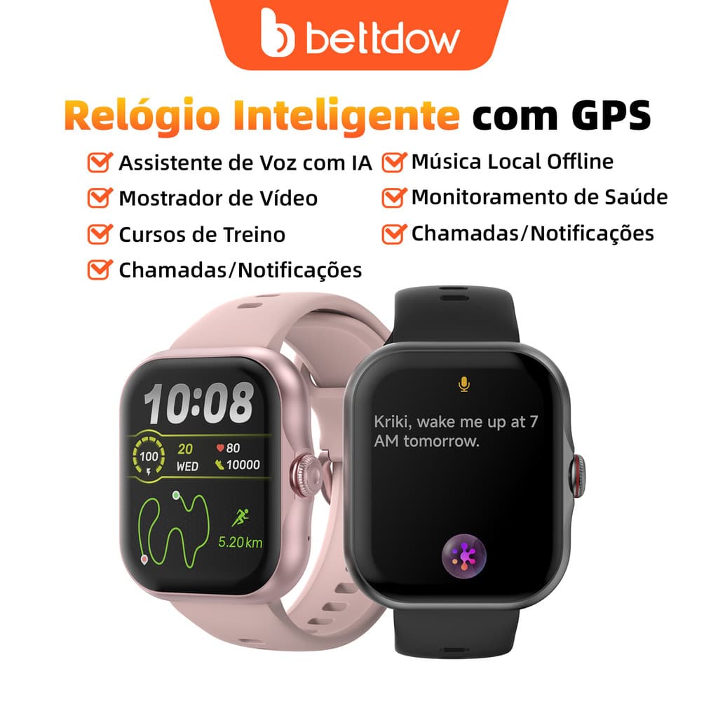 BETTDOW FB055 Smartwatch AMOLED 1.85" GPS, 1GB Música Local, Bússola, Altímetro, Barômetro, 100+ Esportes, 3ATM