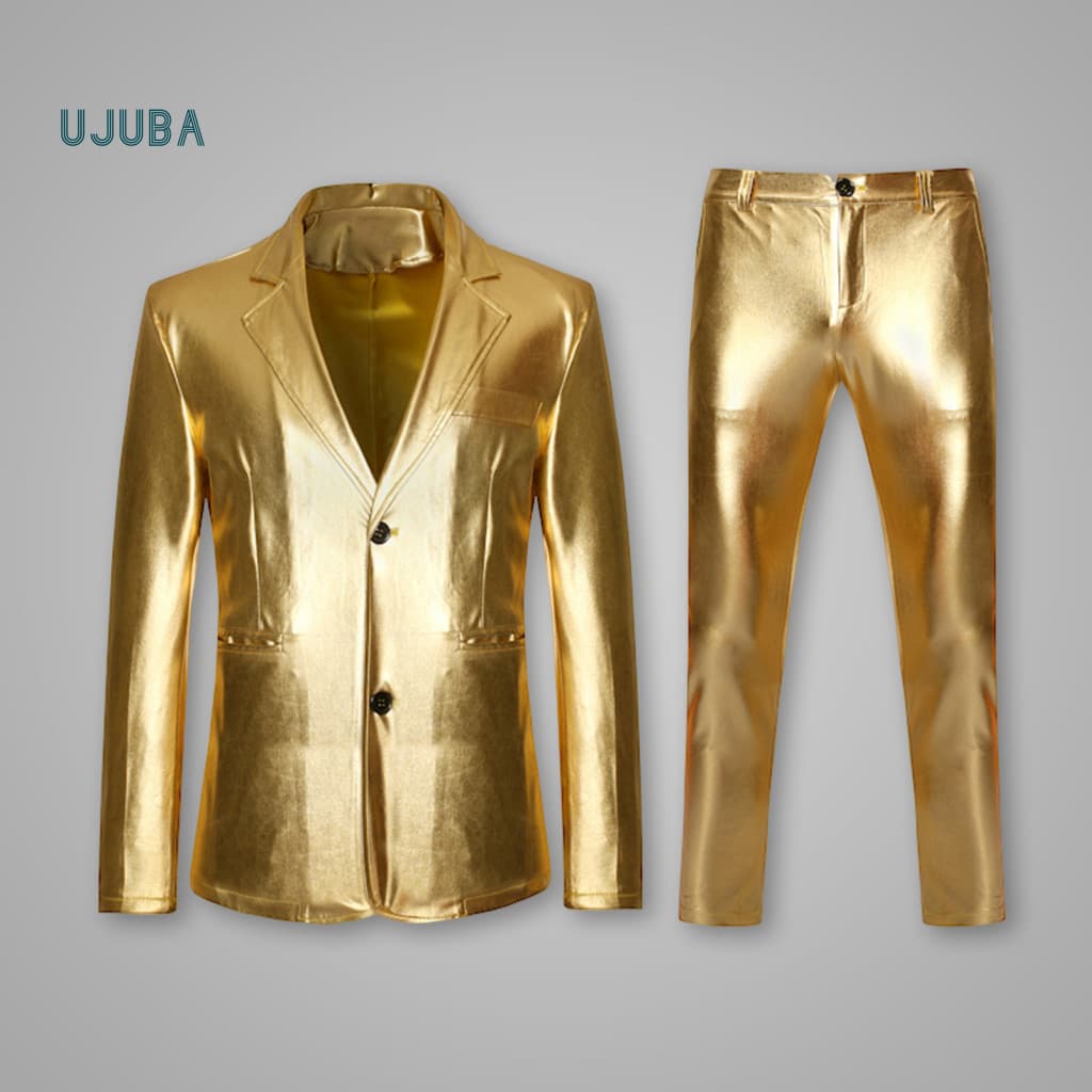 Men Classic Suit with Jacket Pants Coat Set 2pcs Business – Lapel Single Breasted Blazer Long Stylish Golden Stamping