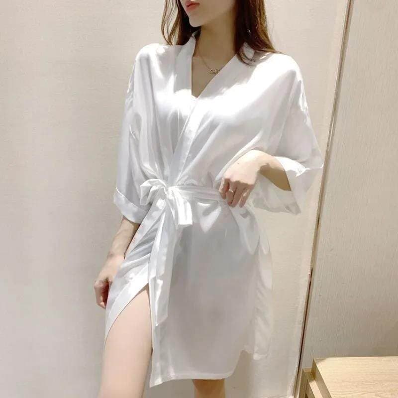 Camisola de tamanho grande feminina seda gelo solto quimono meia manga roupão de banho de seda