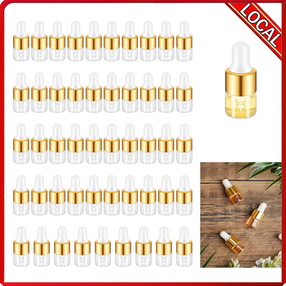 50 Sub-garrafas douradas 1ml Material de vidro portátil pode ser usado para óleo essencial adequado para viagens