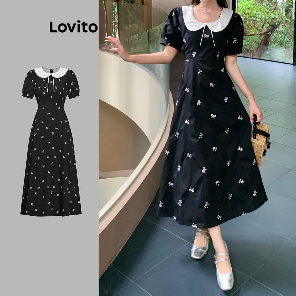 Lovito Casual Vestido Com Laço Geométrico E Gola Contrastante Vestido Drapeado Para Mulheres L106AD1217