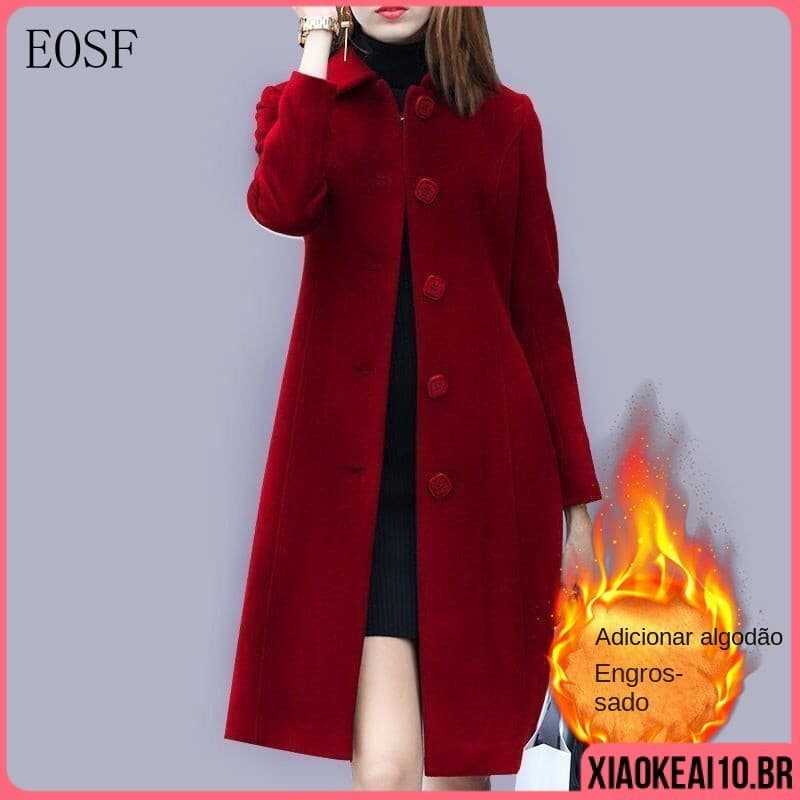 Casaco Feminino Longo Forrado de Lã Grossa, Cor Sólida, Elegante, com Lapela, Casual para Outono/Inverno, Tamanhos Grand