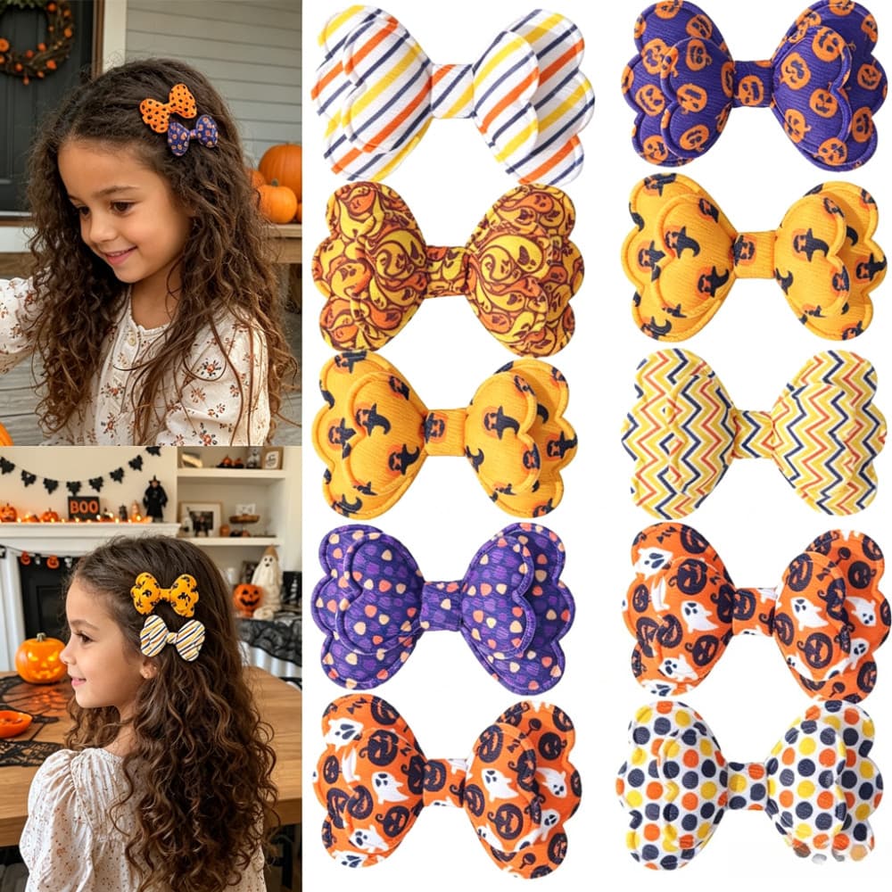 1 Conjunto De Grampos De Cabelo Com Laço Temático De Halloween , Laterais De Tecido Para Meninas , Clipes De Franja Sem