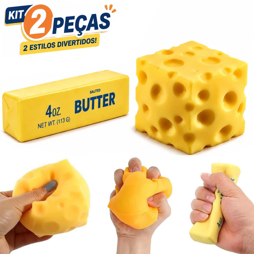 Kit 2 Squishies Manteiga e Queijo Brinquedos Sensoriais Antiestresse Macios para Apertar Fidget Toy