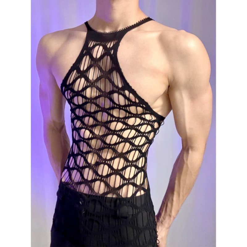 2026 novo estilo concha roupa interior Halter pescoço oco roupas de malha masculina grande escala malha sem peito perspe