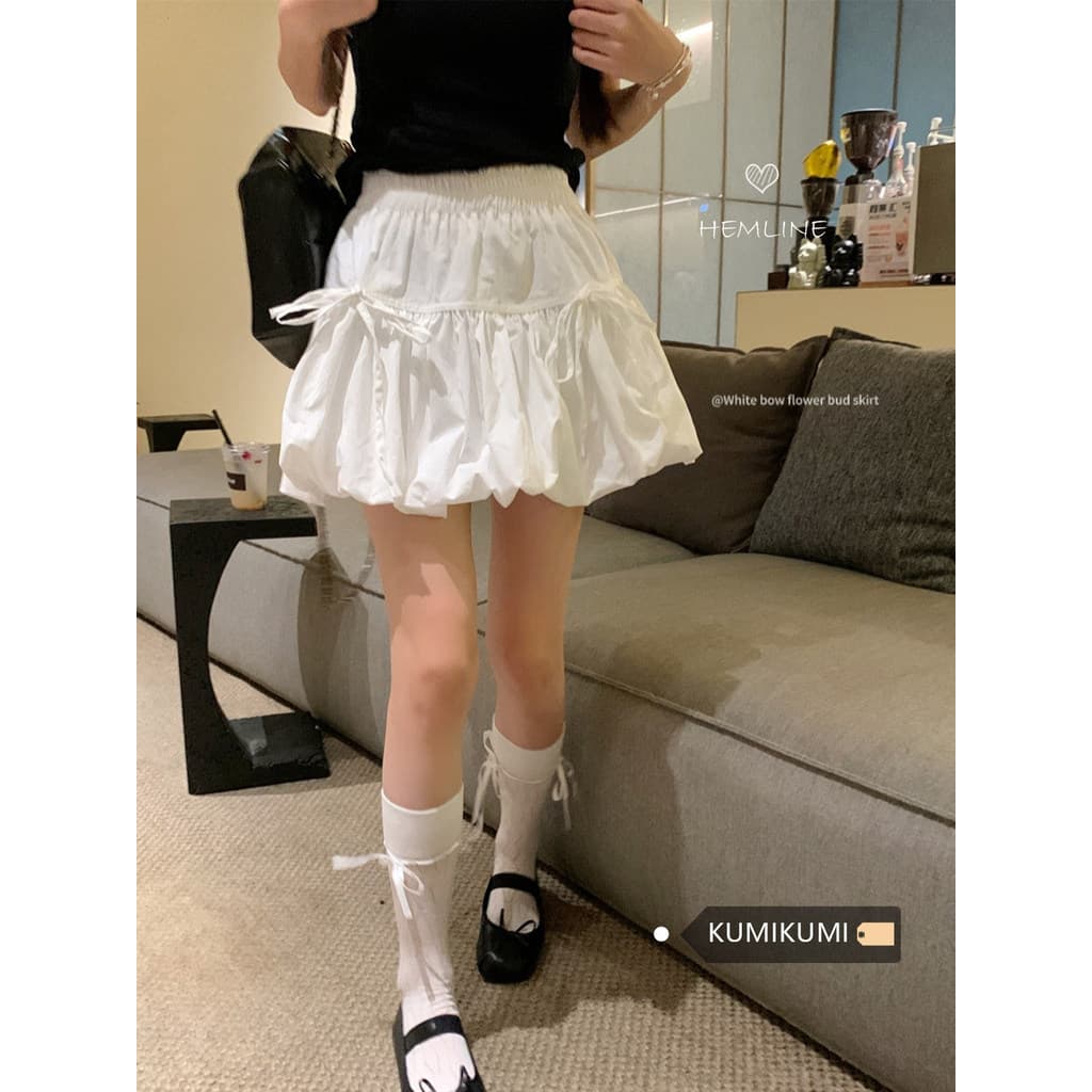 Saia curta branca Design arco Pettiskirt saia feminina verão estilo doce flor Bud saia preta A linha saia