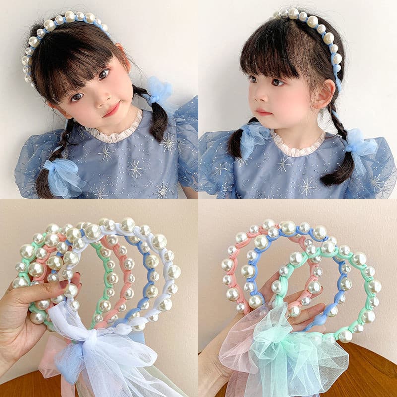 Tiara de Laço com Pérolas para Crianças, Tiara de Princesa com Rede para Rabo de Cavalo, Laço de Cabelo para Meninas, Ac