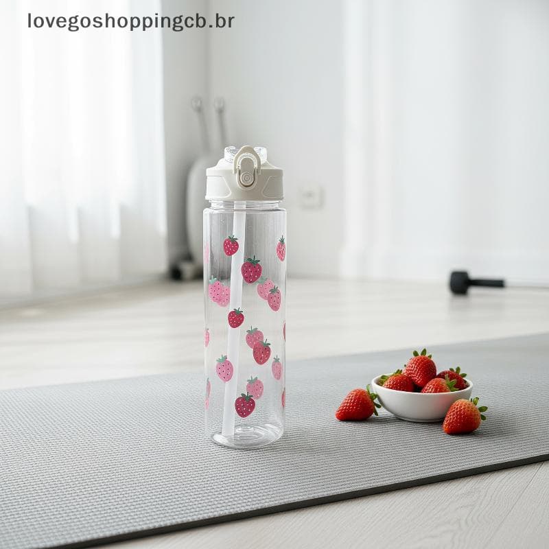 Garrafa De Água Branca De 750ML Com Estampa Completa De Desenho Animado Padrão De Arco De Morango À Prova De Desbotament