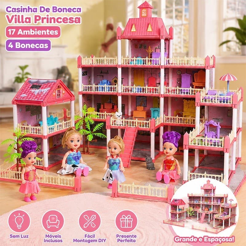 Casa De Boneca Grande Villa 17 Quartos DIY Com Móveis 4 Bonecas Princesa Castelo Brinquedo Infantil Menina Presente
