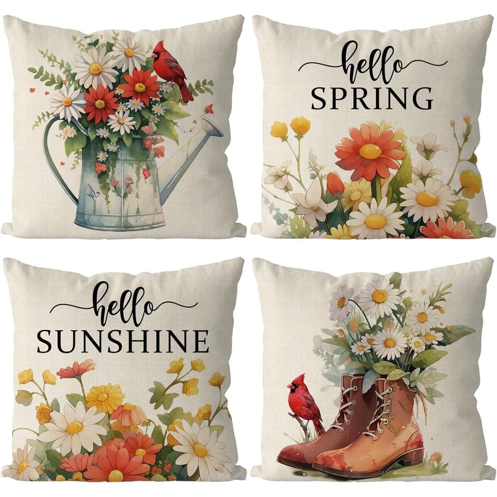Capas de Almofada GAGEC Spring 18x18 Polegadas, Conjunto de 4, Capa de Almofada Floral Cardinal Hello Sunshine para Sofá