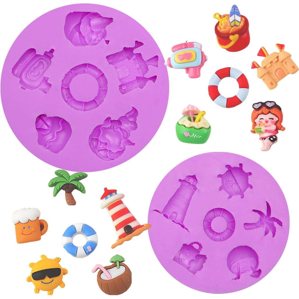 Moldes de Silicone com Tema de Praia, Designs de Verão em Formato de Farol, Palmeira e Boia, Moldes de Fondant para Deco