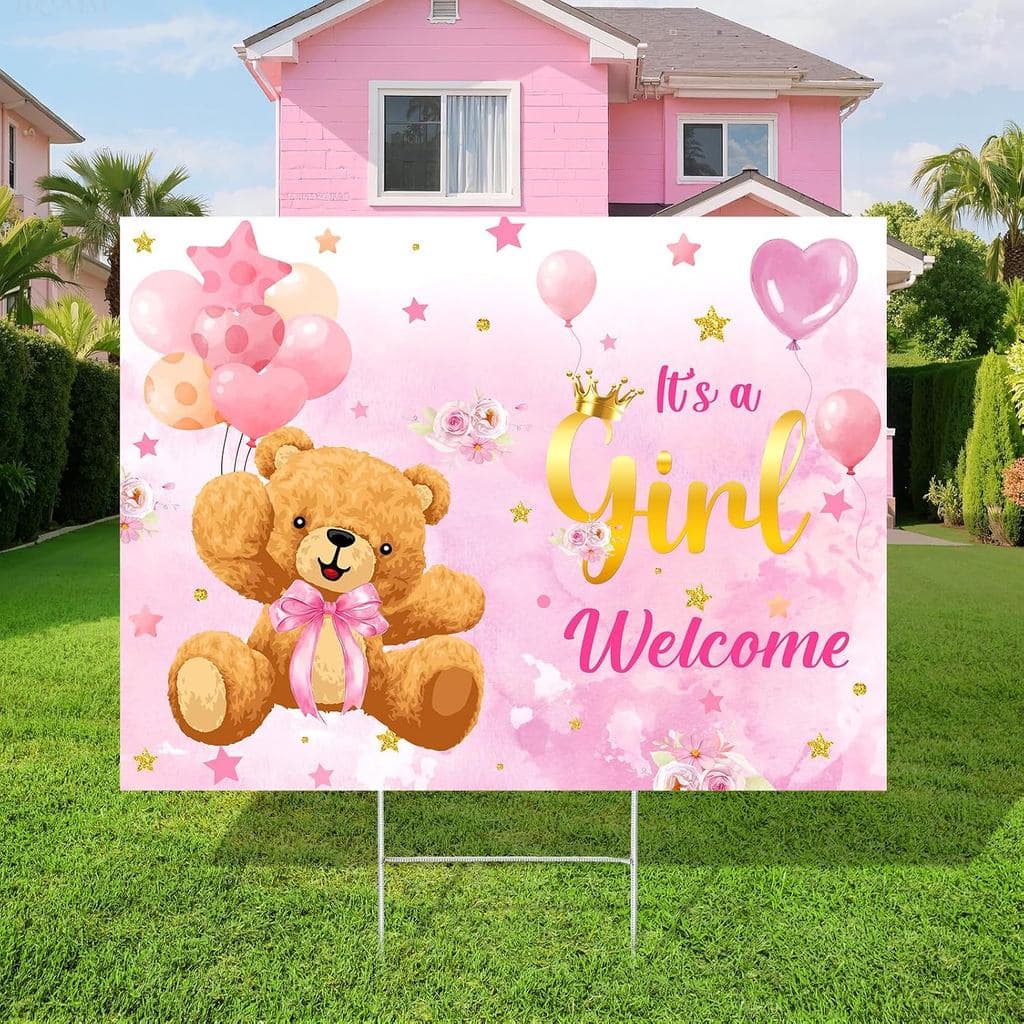 Welcome Baby Girl Yard Sign Cute Bear Theme Baby Shower Sign with Stake Pink Gender Reveal Lawn Decor Welcome Home It's