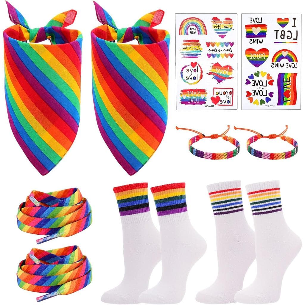 JATEBI Conjunto de 10 Acessórios Arco-Íris LGBT Pride Inclui Bandanas, Meias, Cadarços, Pulseiras, Tatuagens para Amigos