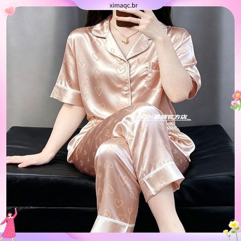 Pijamas de seda gelo feminino 2026 novo estilo verão High-End manga curta Loungewear feminino verão simulação terno de s