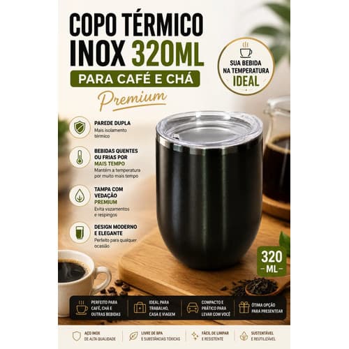Copo Térmico Inox 320ml com Tampa para Café Chá Parede Dupla Quente Frio Premium Grafite