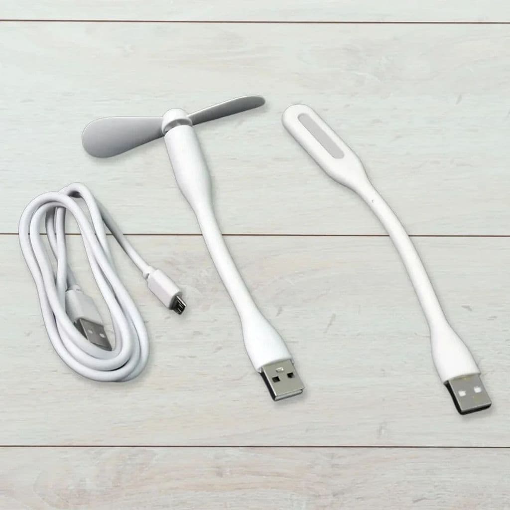 Mini ventilador USB portátil, luz USB e cabo micro USB