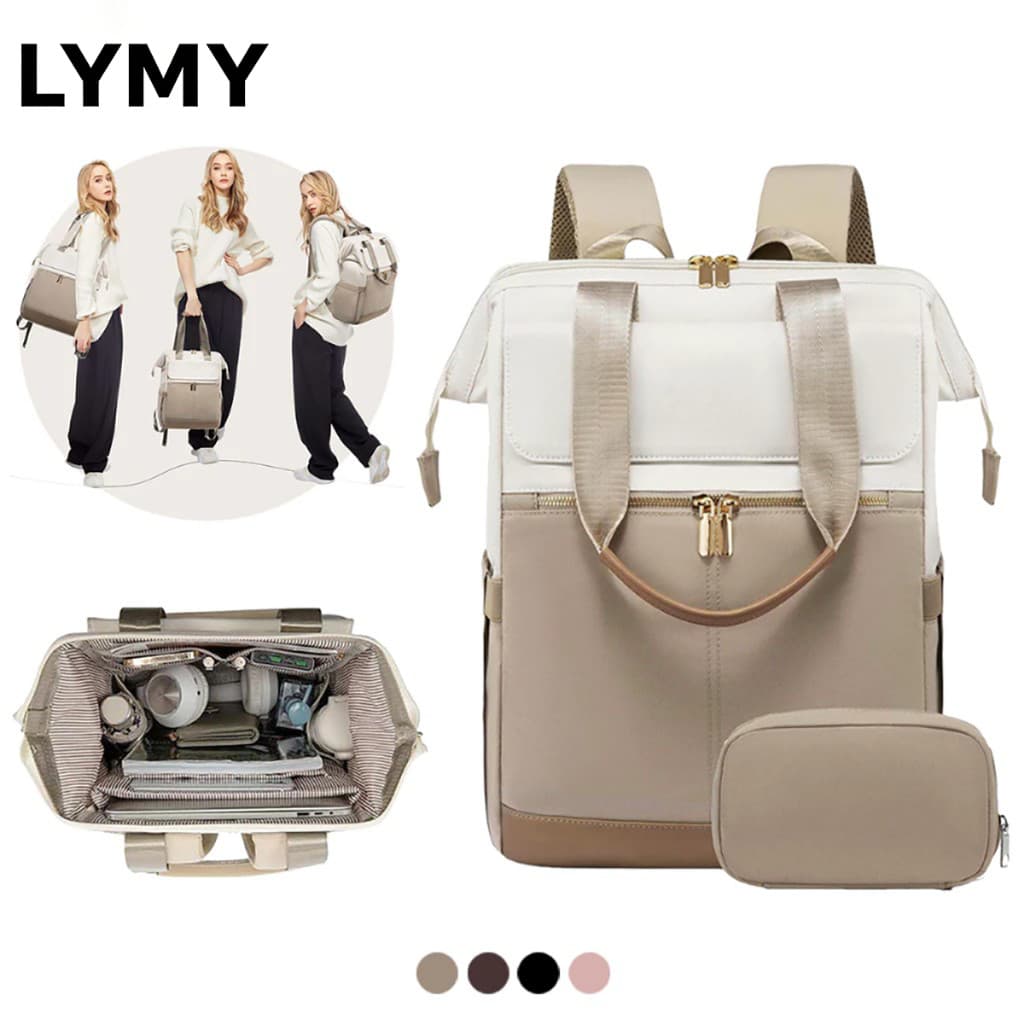 LYMY 2 Em 1 Mochila Feminina Laptop 15.6 Polegadas À Prova D'água Escola Escritório Bolsa Com Mini