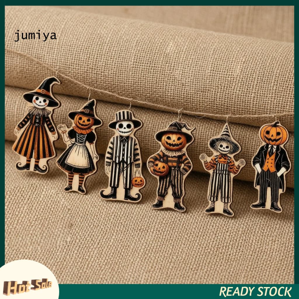 Hanging Decorations for Home 6pcs Halloween Wooden Ornaments Pumpkin Skeleton Decor with Rope Spooky Pendant for Party W