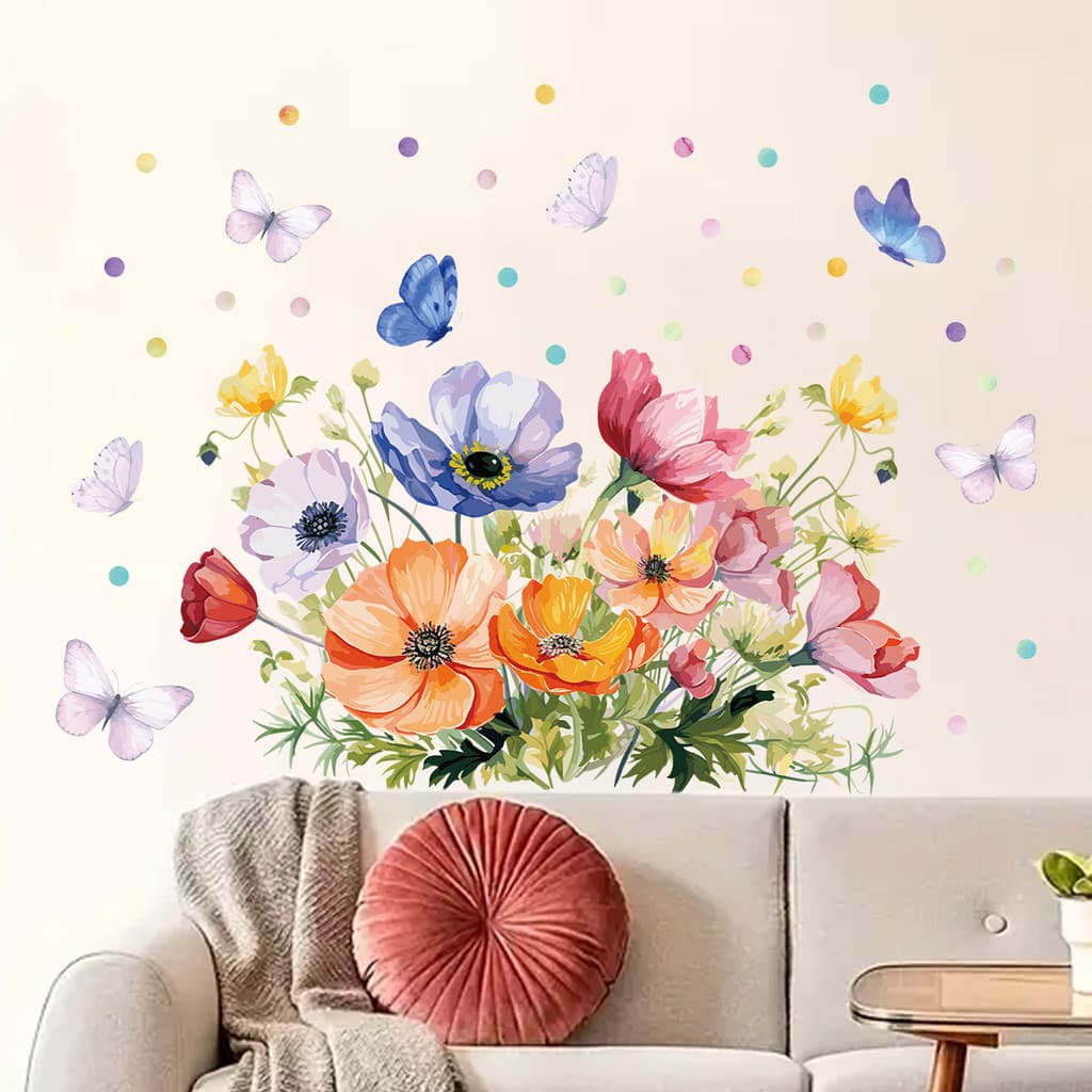 Adesivos de parede Arte de desenho animado Colorido Aquarela Borboleta Amor Flor Adesivos de parede autoadesivos Sala de